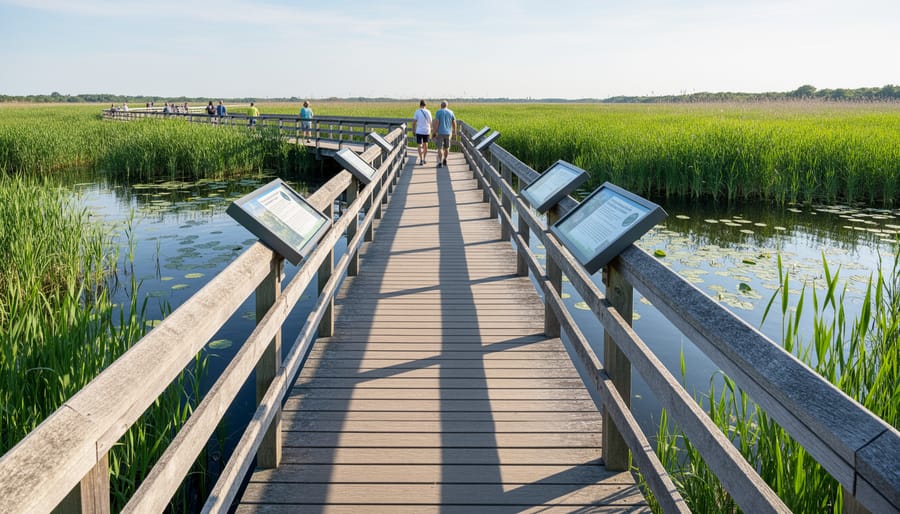 Wooden boardwalk trail winding through swamp with marsh grasses and trees