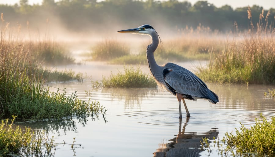 Great blue heron standing in shallow wetland water surrounded by marsh vegetation