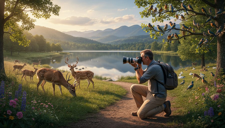 Nature photographer with camera on tripod capturing wetland wildlife scenes