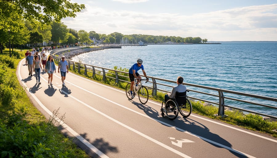 A cyclist and rollerblader traveling along a lakeside path with blue water and green shoreline in the distance.