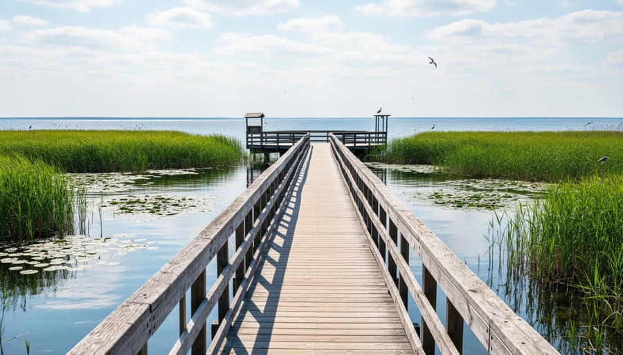 Boardwalk through Point Pelee marsh with migratory birds perched along the reeds and a view toward the shoreline