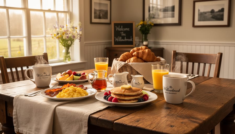 Breakfast table with fresh food and coffee in a cozy bed and breakfast dining room.