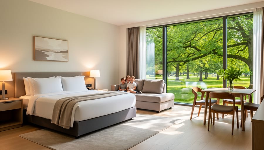 Bright suite interior with living space and a view toward a nearby park in Cobourg.