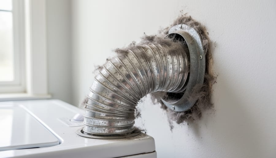 Close-up of dryer vent components with visible lint near a laundry exhaust outlet.