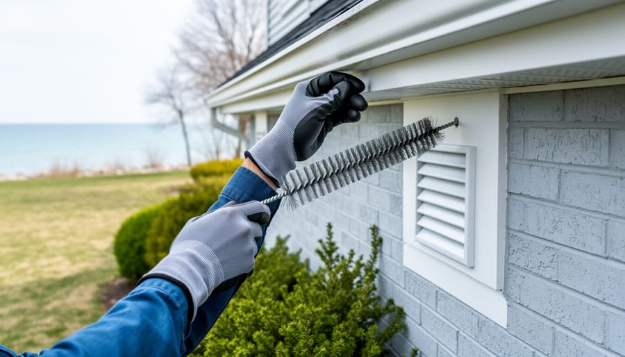 Homeowner’s gloved hands inspecting a gutter and dryer vent area on a Cobourg house exterior in spring daylight.