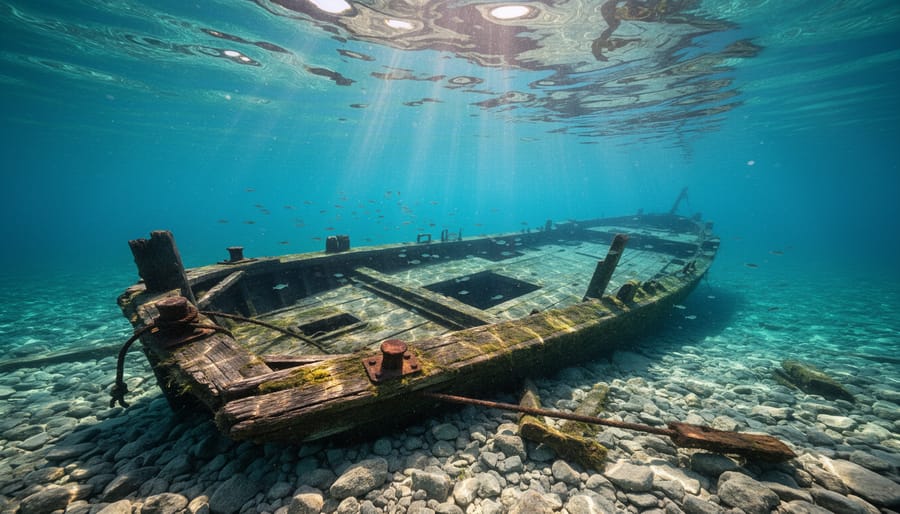 Diver hovering near a shipwreck with schools of fish in clear blue water at Fathom Five National Marine Park