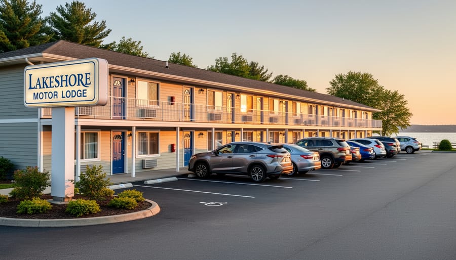 Exterior of a lakeside motor lodge with parking and a welcoming entrance in Cobourg.