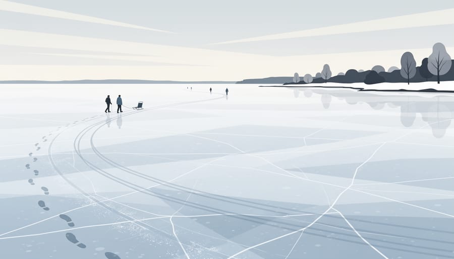 Footprints and faint tracks on textured frozen ice with snow-dusted reeds in a winter shoreline setting.