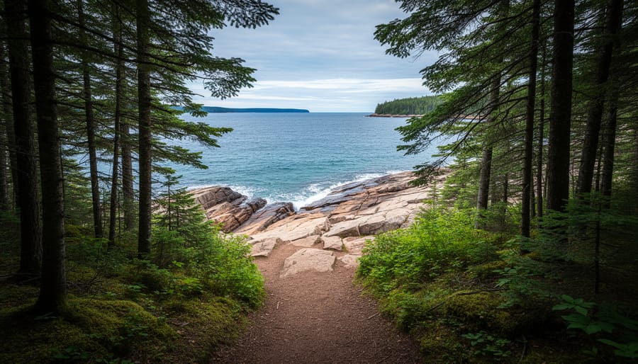 Forest trail with mist and trees framing a view toward the rocky shoreline of Lake Superior in Pukaskwa National Park