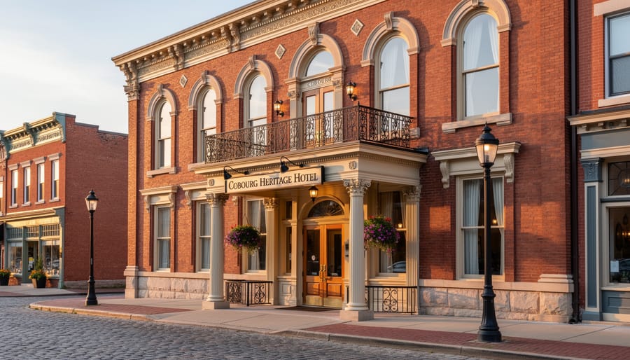 Front view of a Victorian-style historic hotel building on a downtown street in Cobourg.
