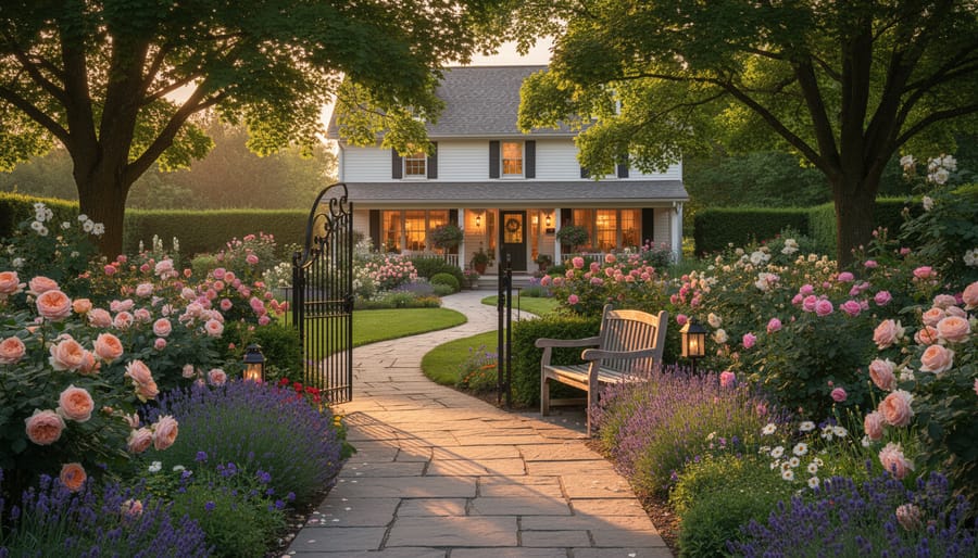 Garden pathway leading toward a countryside inn with blooming flowers and trees.