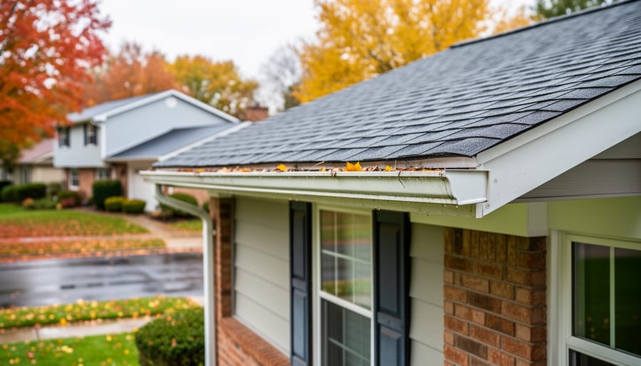 Homeowner clearing leaves from a residential gutter beside a detached home.