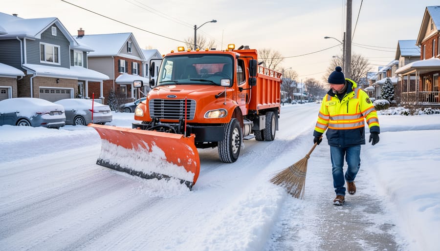 Homeowner shoveling snow on a front walkway beside a residential entryway.