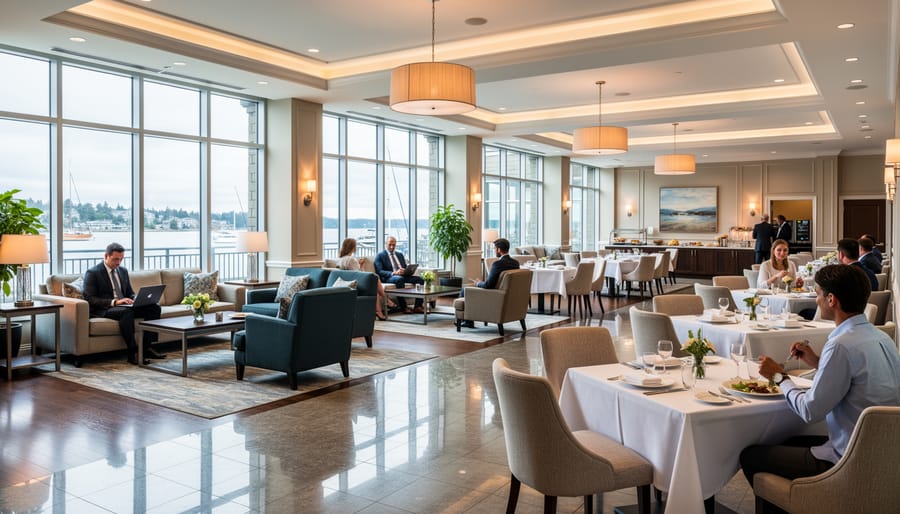 Hotel lobby and dining area with reception desk inside Harborview Inn and Conference Centre.