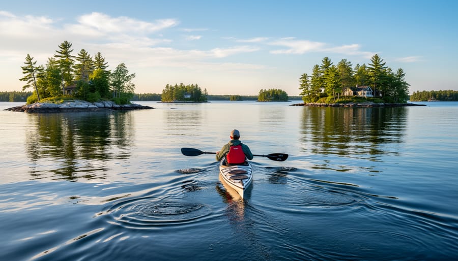 Kayak on calm water surrounded by evergreen islands in the Thousand Islands region