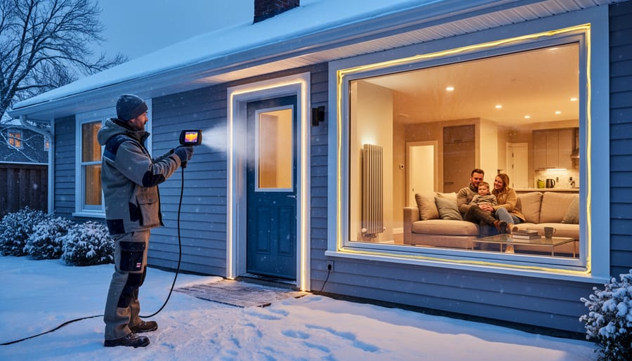 Lakefront home exterior showing heating equipment and weatherstripping preparation for winter.