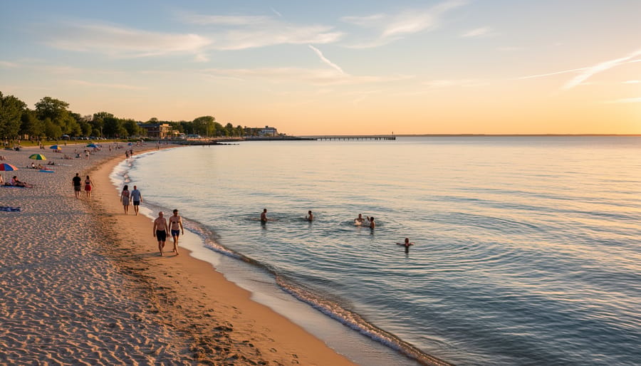 People walking along a sandy Lake Ontario shoreline at golden hour with gentle waves in the background.