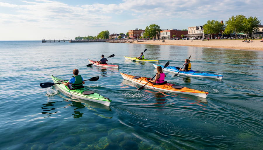 Two people in a kayak paddling on Lake Ontario with ripples trailing behind.