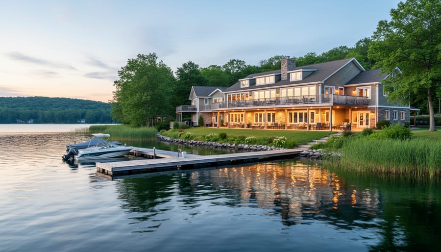 Waterfront view of a boutique inn building with a dock near Lake Ontario in Cobourg.