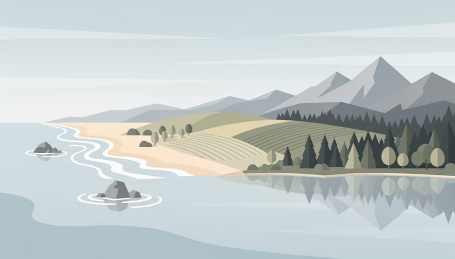 Wide scenic panorama blending shore, island, and forest elements under a morning sky representing Northeast national parks