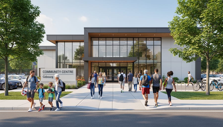 Exterior view of the Cobourg Community Centre entrance with glass doors and a welcoming facade
