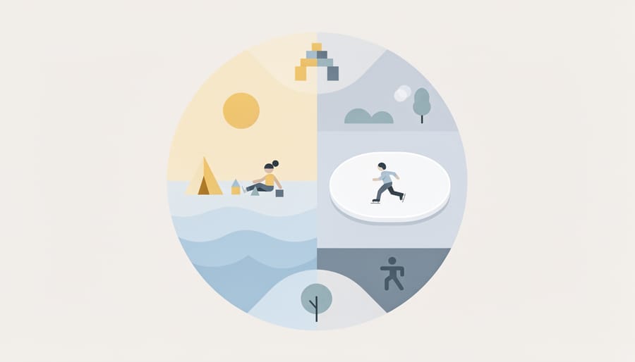 A cinematic scene suggesting year-round recreation with an autumn trail leading toward a distant winter rink setting
