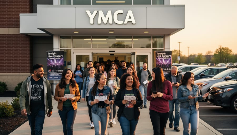 Concert-goers walking toward the YMCA entrance at golden hour