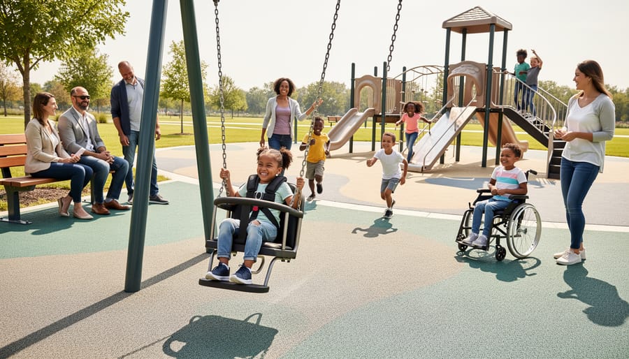 Child on an ADA-accessible swing at a playground with a caregiver nearby at DeBow Recreation Complex.