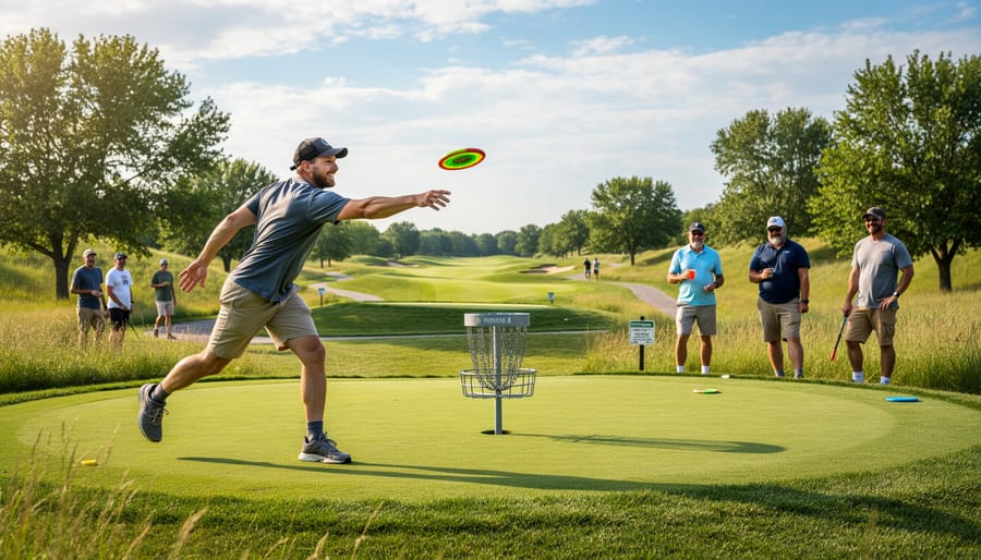 Disc golfer throwing a disc from the tee toward a disc golf basket on a grassy fairway at DeBow Recreation Complex.