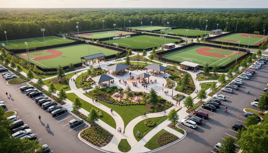 Wide view of DeBow Recreation Complex with green fields, paths, and trees in a community park setting.