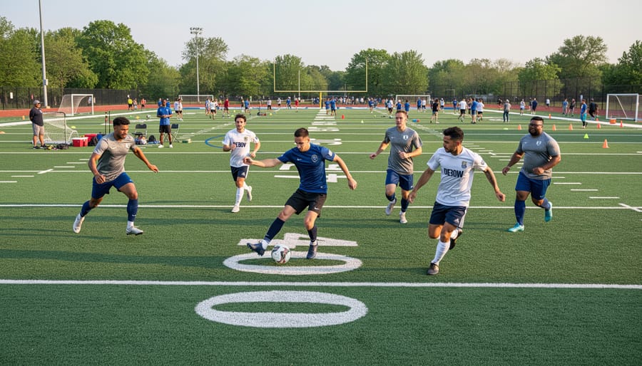 Youth soccer player kicking a ball on a green soccer field with a goal in the background at DeBow Recreation Complex.