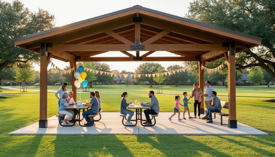 People setting up a picnic at the pavilion with tables under a shaded structure at DeBow Recreation Complex.