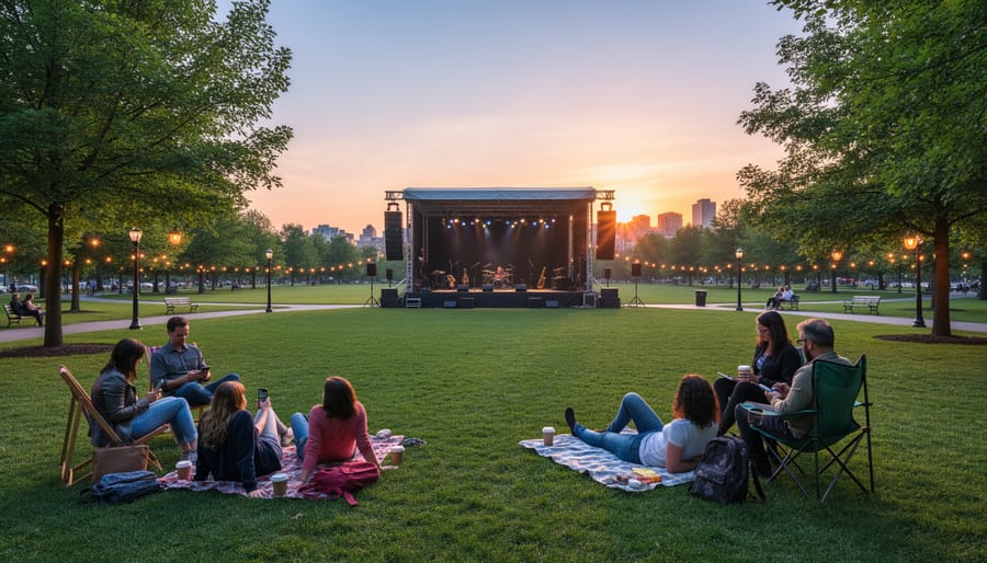 A picnic blanket and lawn chairs set out on a park lawn at dusk with a distant stage silhouette in the background