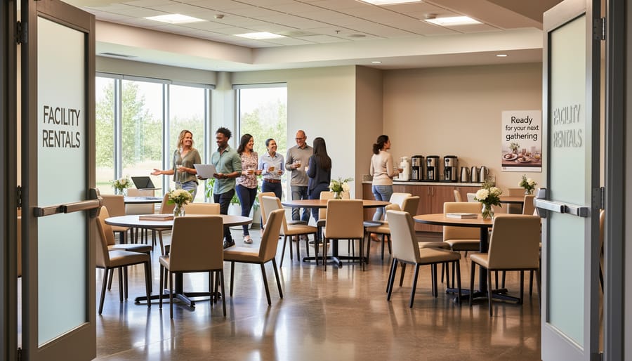 Multipurpose room set up for a group event with neatly arranged tables and chairs