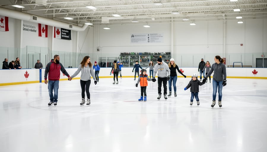 People skating on an indoor ice rink with visible ice texture and rink lighting
