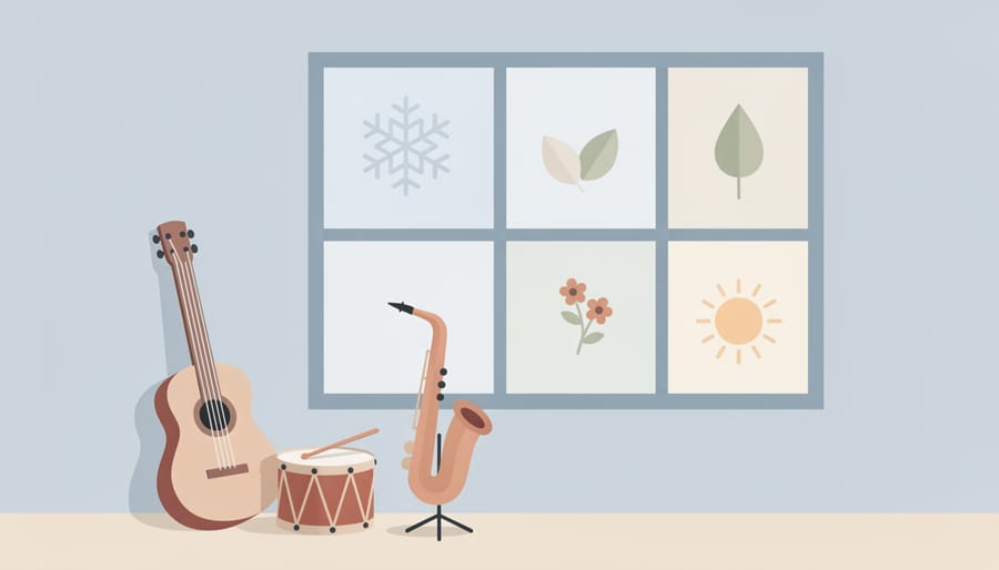 Saxophone and violin on a music stand near a window with blurred outdoor scenery