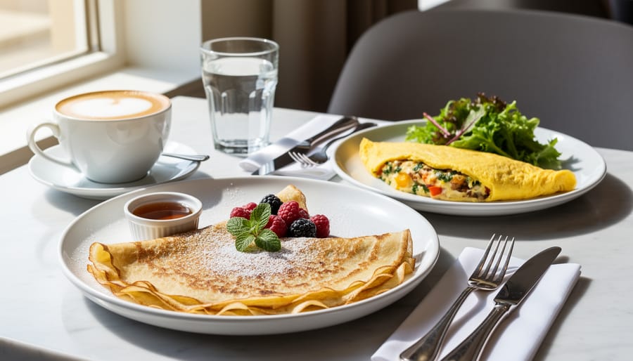 Close-up of berry crepe and herb omelet on a restaurant table during brunch