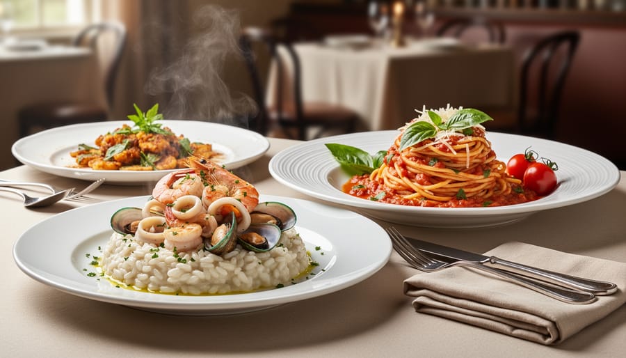 Seafood risotto and Italian-inspired pasta plates on a candlelit dining table