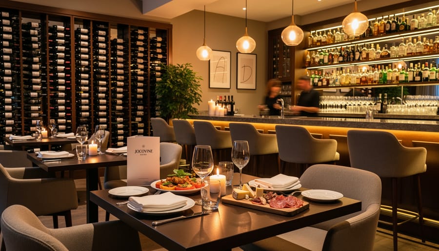 Wine bottle and two wine glasses on a table in a warmly lit bistro wine bar setting