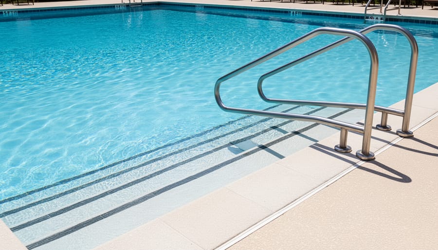 Swimmer near pool steps and handrail at Kimbrough Pool with deck and lanes in the background