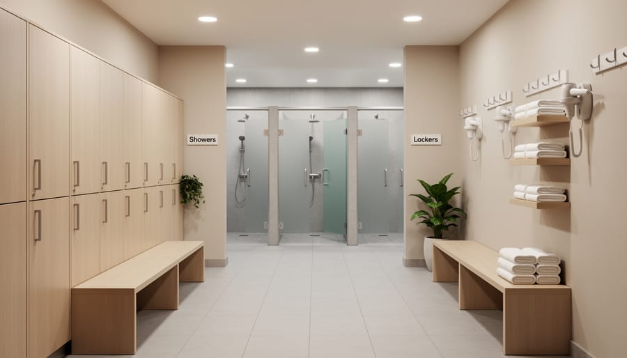 Clean pool change-room area with lockers, towels, and a tiled shower space
