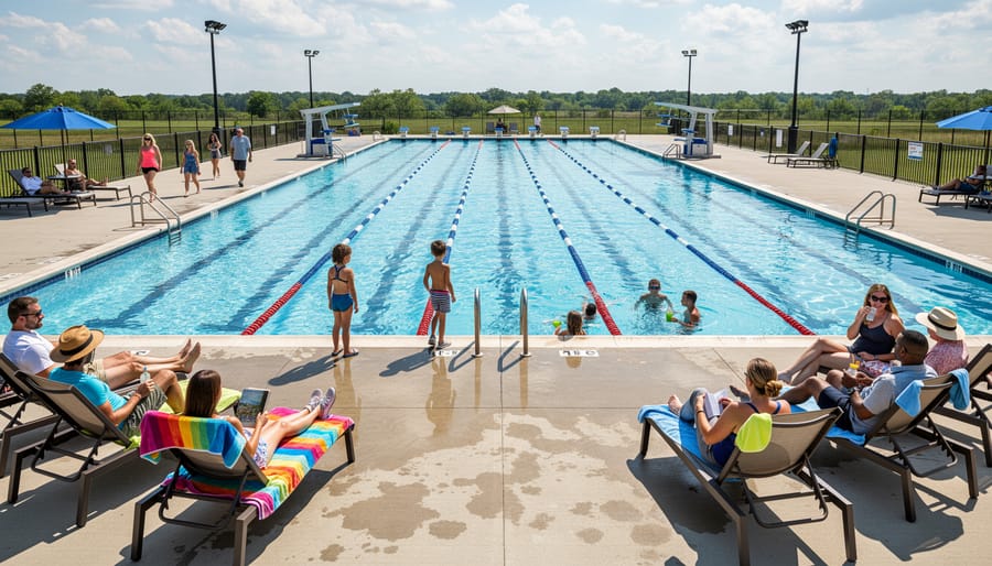Family sitting on the outdoor deck at Kimbrough Pool with the swimming area in view