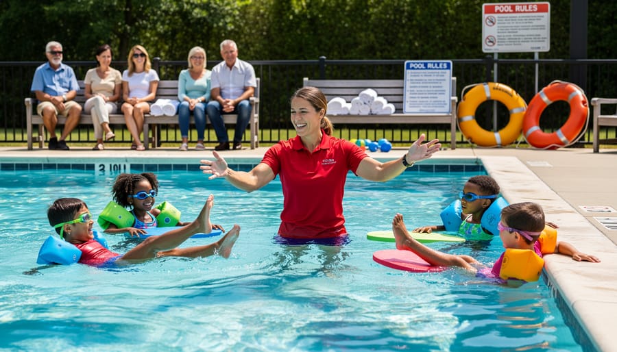 Swim instructor coaching children in the shallow pool with floating aids at Kimbrough Pool