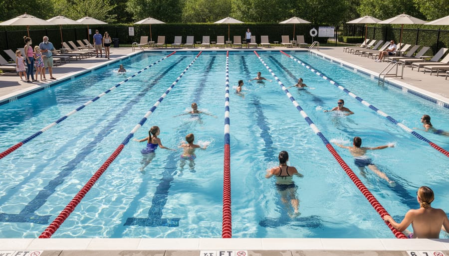 Swimmers in the main swimming area of a community pool with clear lanes and blue water