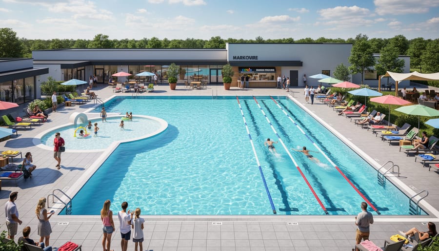Wide view of an outdoor community pool facility with blue water and surrounding greenery