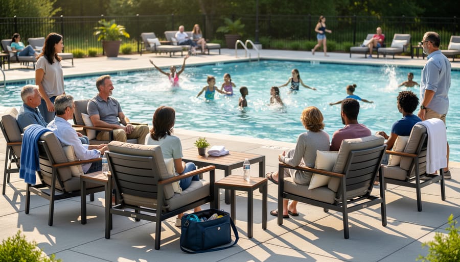 Adults seated poolside watching children swim from comfortable viewing areas