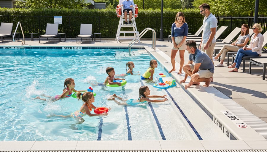 Children playing in the shallow wading area of a community pool with water toys and float rings