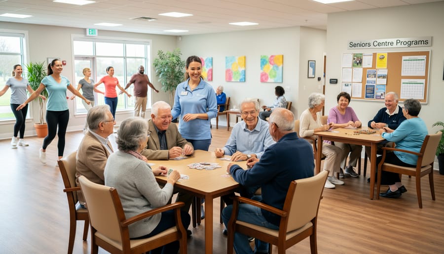 Seniors smiling and participating in a recreation activity in a community room