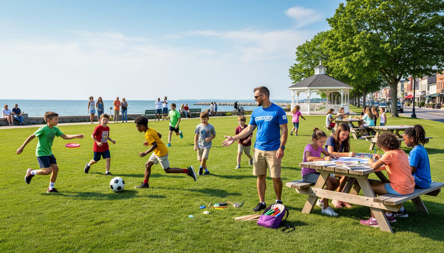 Children and a youth leader playing outdoors in a summer camp setting