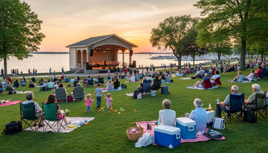People sitting on lawn chairs and blankets in Victoria Park while a concert band performs on an outdoor stage in the background